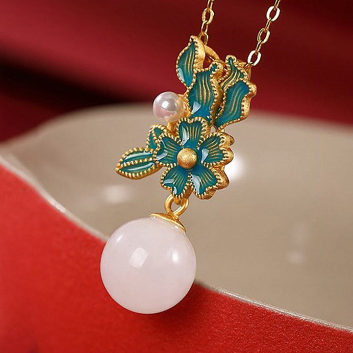 Buddha Stones Giada bianca Argento Sterling 925 Perla Fiore Benedizione Collana Pendente Anello Orecchini