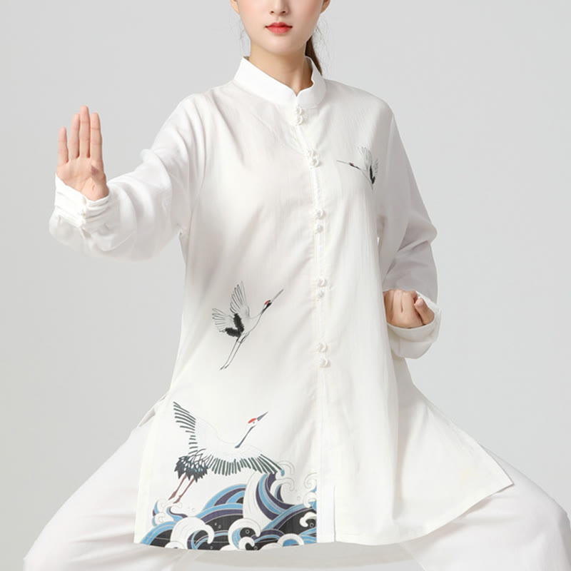 Set di abbigliamento per la pratica Buddha Stones White Crane Sea Cotton Linen Meditazione Preghiera Spirituale Zen Tai Chi Qigong - 2 pezzi (top e pantaloni) - US8-10, UK/AU12-14, EU40-42 (2XL) - image 0