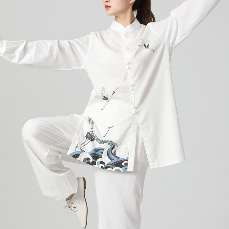 Set di abbigliamento per la pratica Buddha Stones White Crane Sea Cotton Linen Meditazione Preghiera Spirituale Zen Tai Chi Qigong