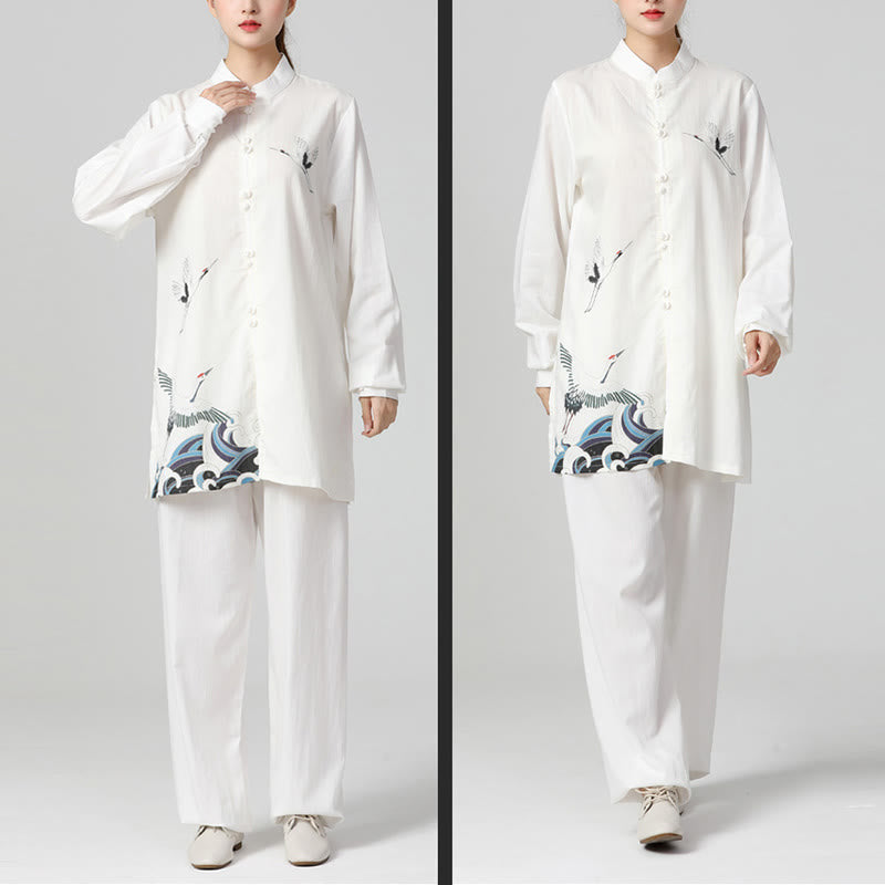 Set di abbigliamento per la pratica Buddha Stones White Crane Sea Cotton Linen Meditazione Preghiera Spirituale Zen Tai Chi Qigong
