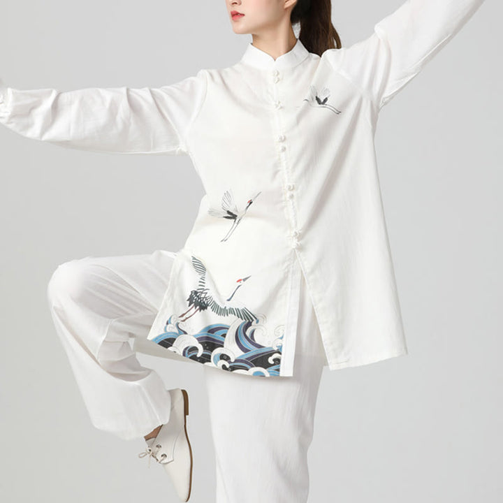 Set di abbigliamento per la pratica Buddha Stones White Crane Sea Cotton Linen Meditazione Preghiera Spirituale Zen Tai Chi Qigong - image 4