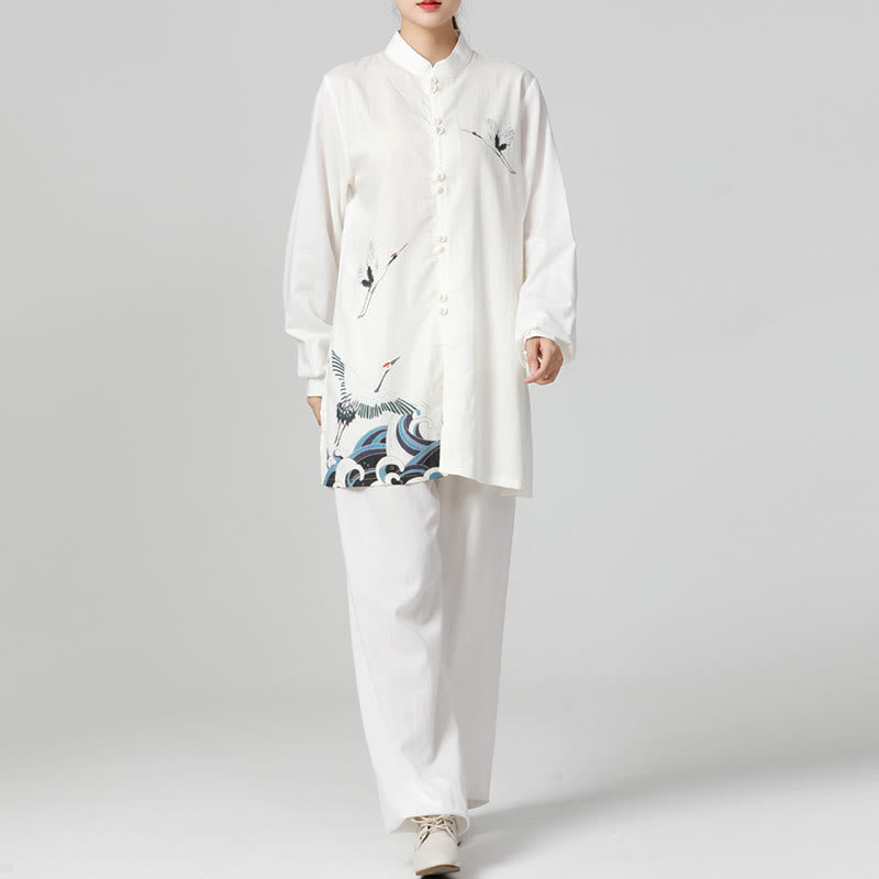 Set di abbigliamento per la pratica Buddha Stones White Crane Sea Cotton Linen Meditazione Preghiera Spirituale Zen Tai Chi Qigong - image 2