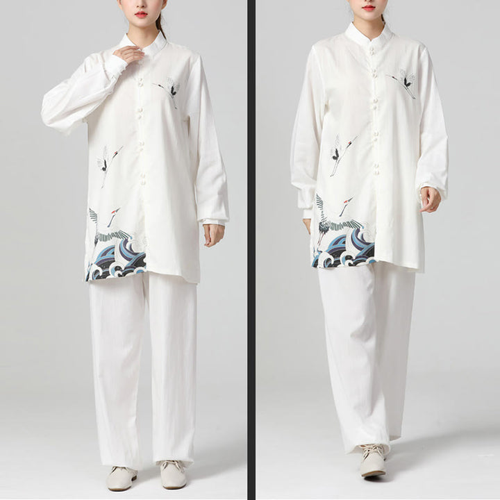 Set di abbigliamento per la pratica Buddha Stones White Crane Sea Cotton Linen Meditazione Preghiera Spirituale Zen Tai Chi Qigong - image 3