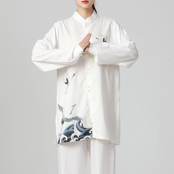 Set di abbigliamento per la pratica Buddha Stones White Crane Sea Cotton Linen Meditazione Preghiera Spirituale Zen Tai Chi Qigong