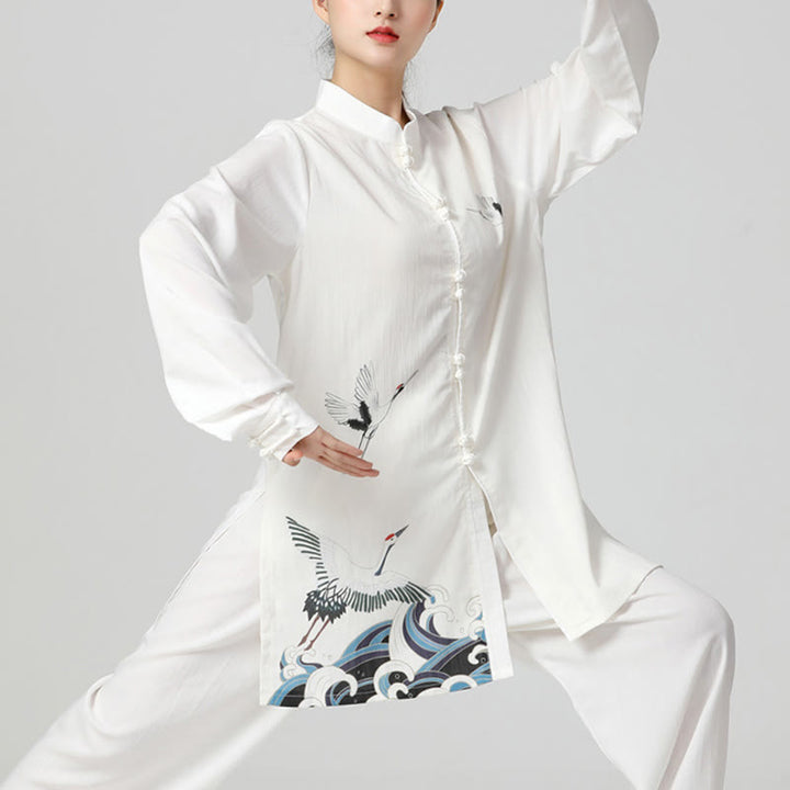 Set di abbigliamento per la pratica Buddha Stones White Crane Sea Cotton Linen Meditazione Preghiera Spirituale Zen Tai Chi Qigong