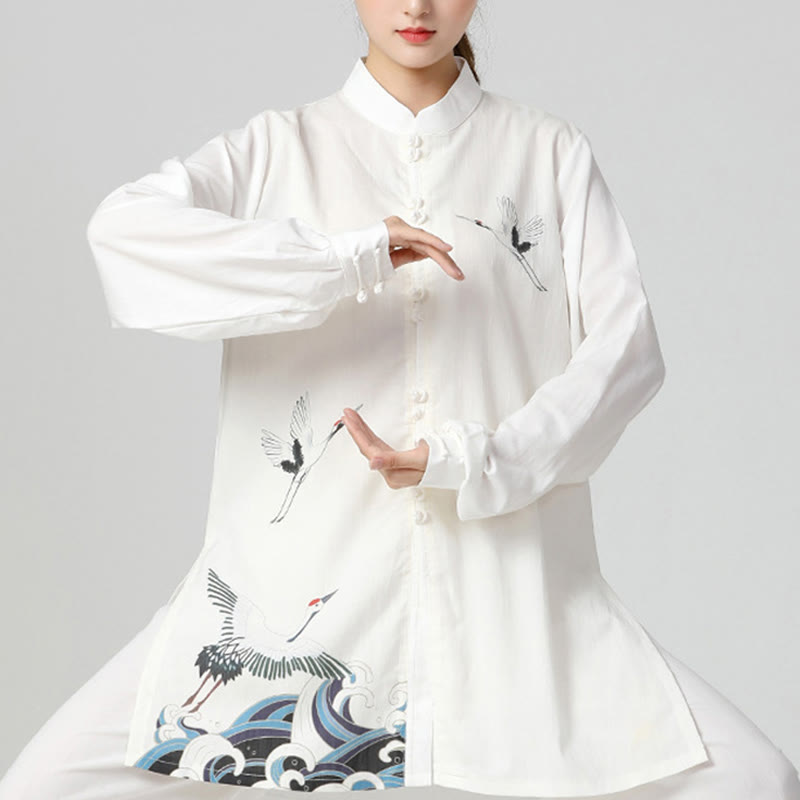 Set di abbigliamento per la pratica Buddha Stones White Crane Sea Cotton Linen Meditazione Preghiera Spirituale Zen Tai Chi Qigong