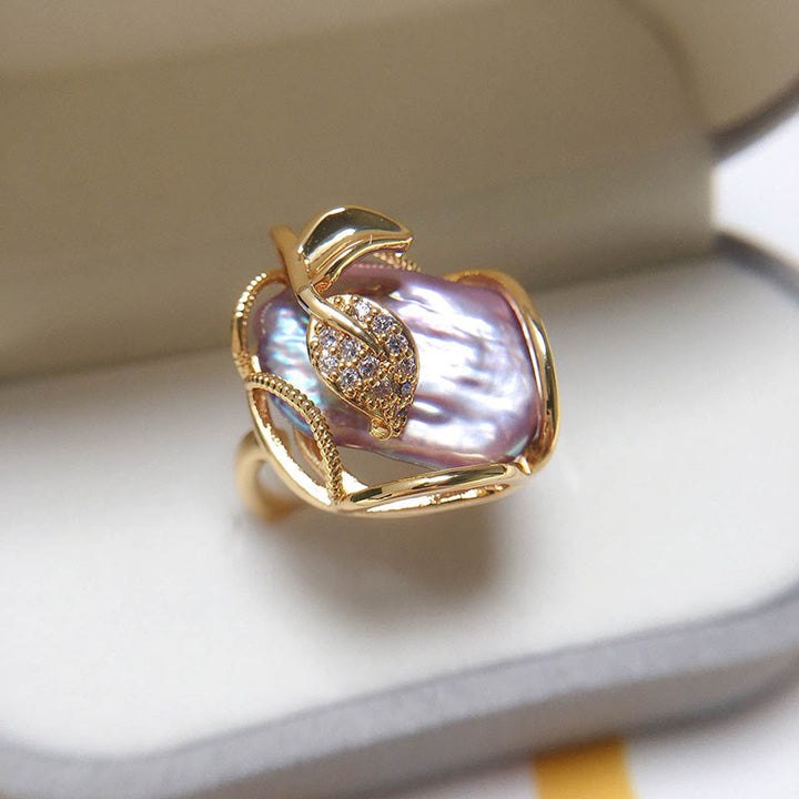 Anello Buddha Stones Pearl Rame Placcato Oro Fiore Felicità Ricchezza