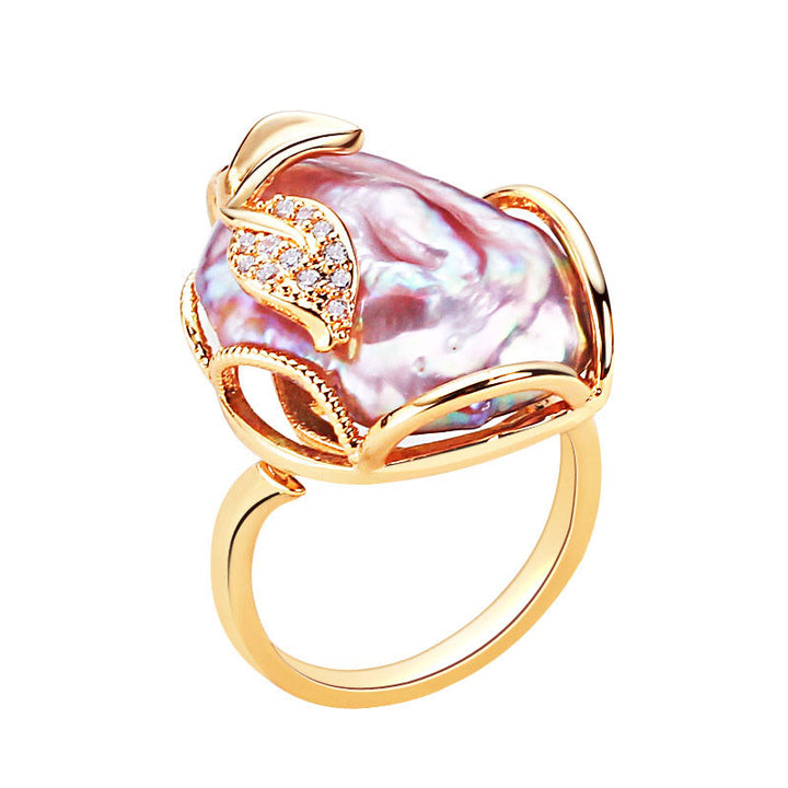 Anello Buddha Stones Pearl Rame Placcato Oro Fiore Felicità Ricchezza