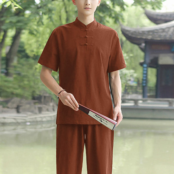 Buddha Stones 2 pezzi da uomo manica corta maglietta top pantaloni meditazione zen tai chi cotone lino abbigliamento set - Marrone (Top e Pantaloni) - US/UK/AU48, EU58 (6XL) - image 6