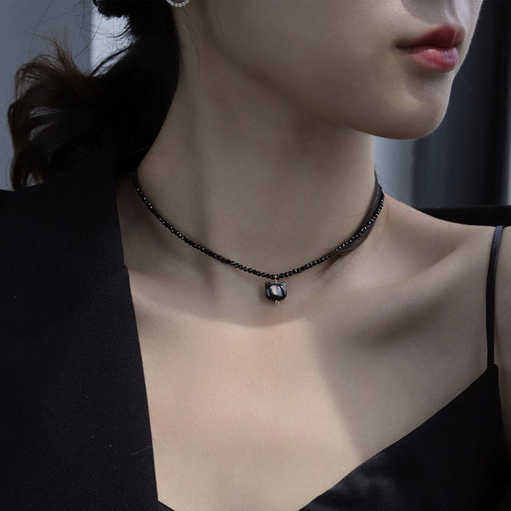 Collana girocollo con ciondolo a forma di gatto carino e spinello nero Buddha Stones - image 11