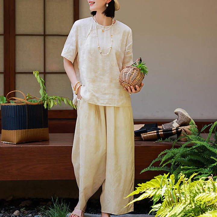 Camicetta ampia in lino ramiè Buddha Stones, a maniche corte, in stile cinese