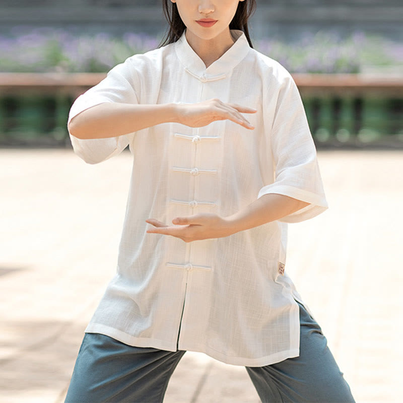 Buddha Stones Colore Solido Rana-Bottone Meditazione Preghiera Spirituale Zen Tai Chi Qigong Pratica Unisex Abbigliamento Set - Solo top bianco da donna - 2XL - image 0