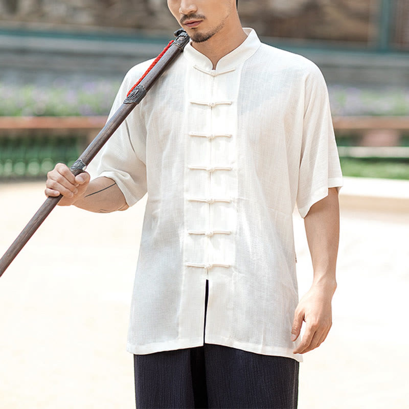 Buddha Stones Colore Solido Rana-Bottone Meditazione Preghiera Spirituale Zen Tai Chi Qigong Pratica Unisex Abbigliamento Set - Uomo - Solo top bianco - 2XL - image 1