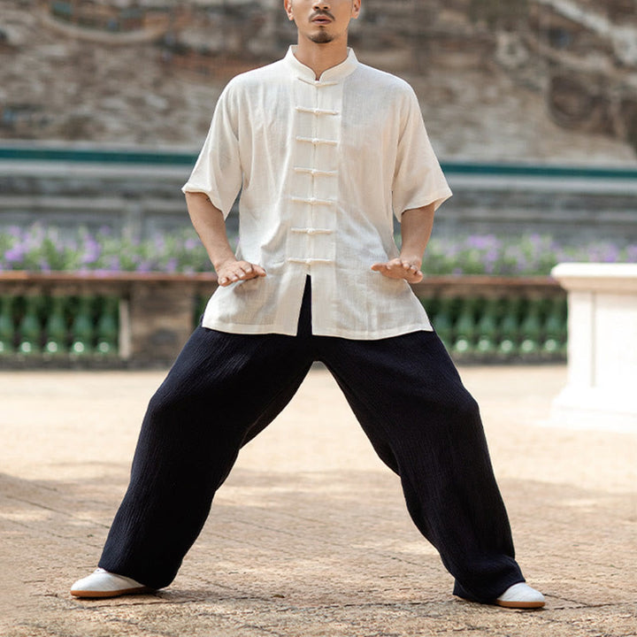 Buddha Stones Colore Solido Rana-Bottone Meditazione Preghiera Spirituale Zen Tai Chi Qigong Pratica Unisex Abbigliamento Set - Uomo - Top bianco e pantaloni neri - 2XL - image 9