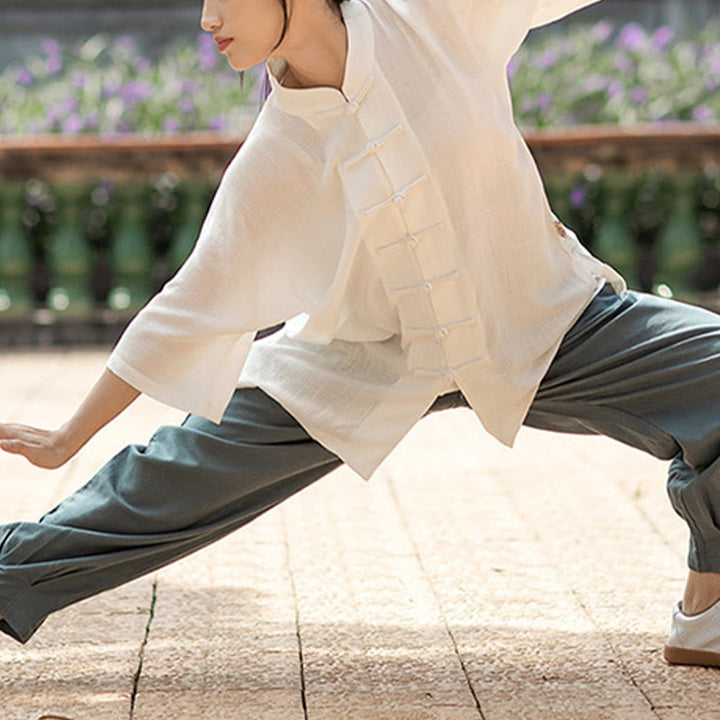 Buddha Stones Colore Solido Rana-Bottone Meditazione Preghiera Spirituale Zen Tai Chi Qigong Pratica Unisex Abbigliamento Set - image 4