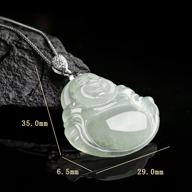 Collana con ciondolo a Buddha Stones in argento sterling 925, giada naturale, Buddha che ride, prosperità e abbondanza