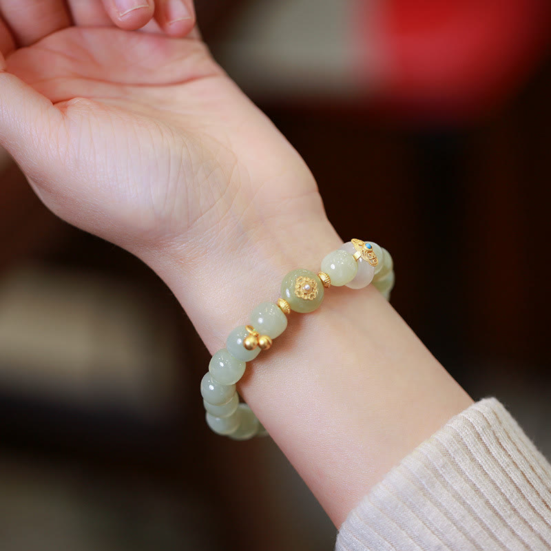 Buddha Stones 925 Sterling Silver Placcato Oro Naturale Hetian Jade Luck Collana Ciondolo Bracciale Set