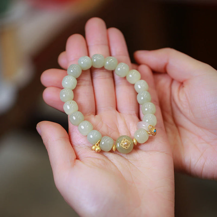 Buddha Stones 925 Sterling Silver Placcato Oro Naturale Hetian Jade Luck Collana Ciondolo Bracciale Set