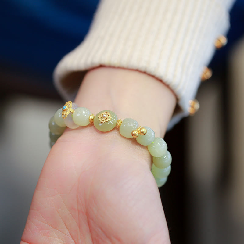 Buddha Stones 925 Sterling Silver Placcato Oro Naturale Hetian Jade Luck Collana Ciondolo Bracciale Set