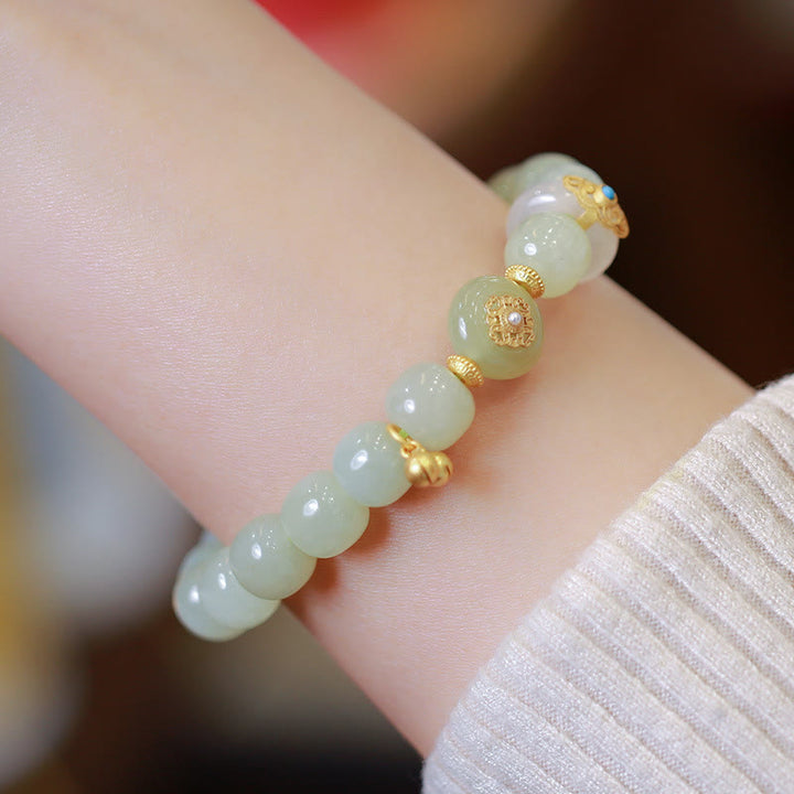 Buddha Stones 925 Sterling Silver Placcato Oro Naturale Hetian Jade Luck Collana Ciondolo Bracciale Set