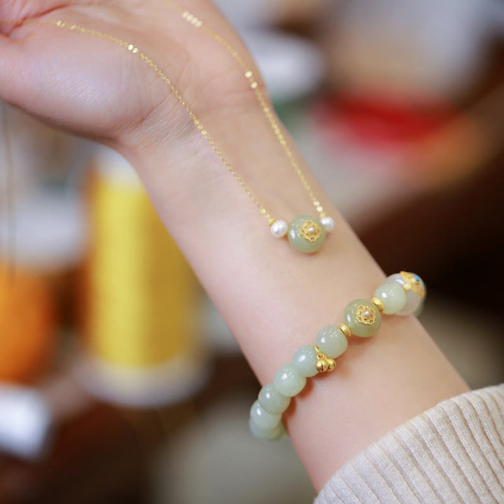 Buddha Stones 925 Sterling Silver Placcato Oro Naturale Hetian Jade Luck Collana Ciondolo Bracciale Set