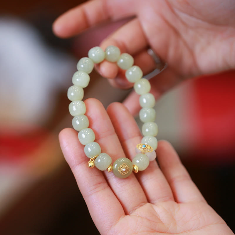 Buddha Stones 925 Sterling Silver Placcato Oro Naturale Hetian Jade Luck Collana Ciondolo Bracciale Set