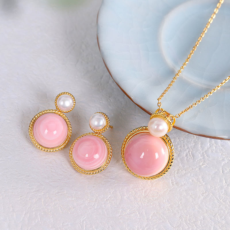 Buddha Stones 925 Sterling Silver Queen Conch Shell Pearl Luck Blessing Orecchini Collana Ciondolo Gioielli Set
