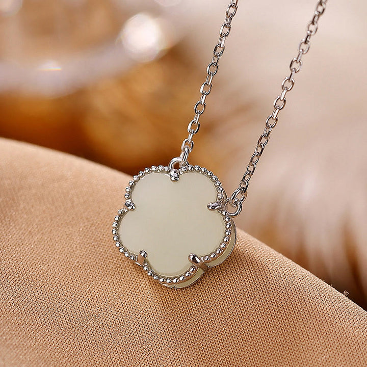 Buddha Stones 925 Sterling Silver Placcato Oro Naturale Hetian Giada Fiore Fortuna Collana Ciondolo Anello Set