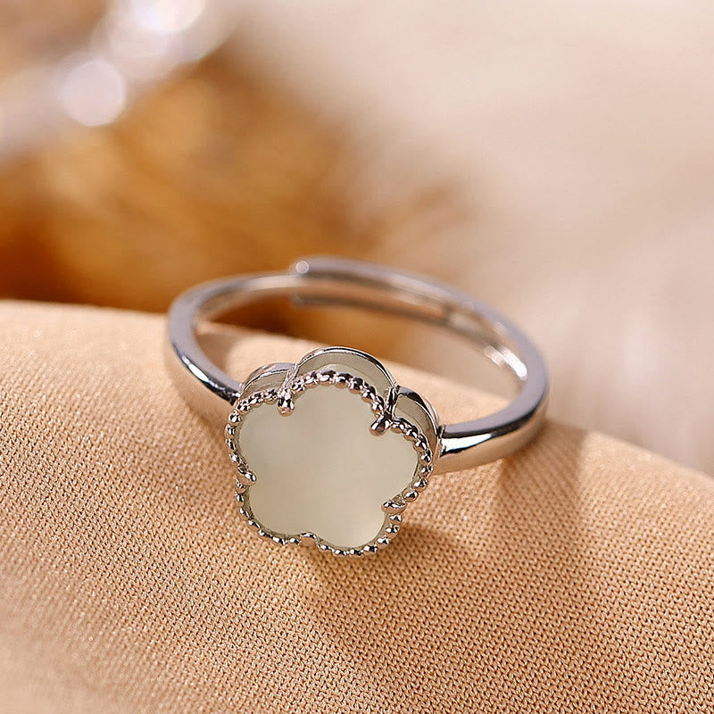 Buddha Stones 925 Sterling Silver Placcato Oro Naturale Hetian Giada Fiore Fortuna Collana Ciondolo Anello Set