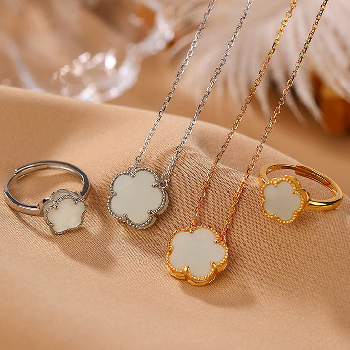 Buddha Stones 925 Sterling Silver Placcato Oro Naturale Hetian Giada Fiore Fortuna Collana Ciondolo Anello Set
