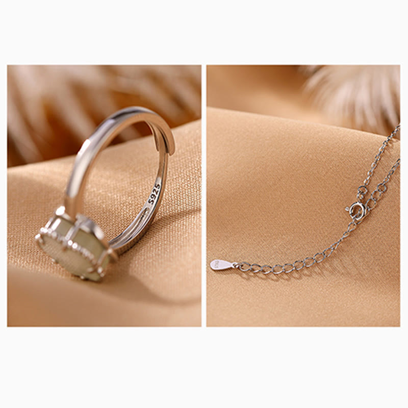 Buddha Stones 925 Sterling Silver Placcato Oro Naturale Hetian Giada Fiore Fortuna Collana Ciondolo Anello Set