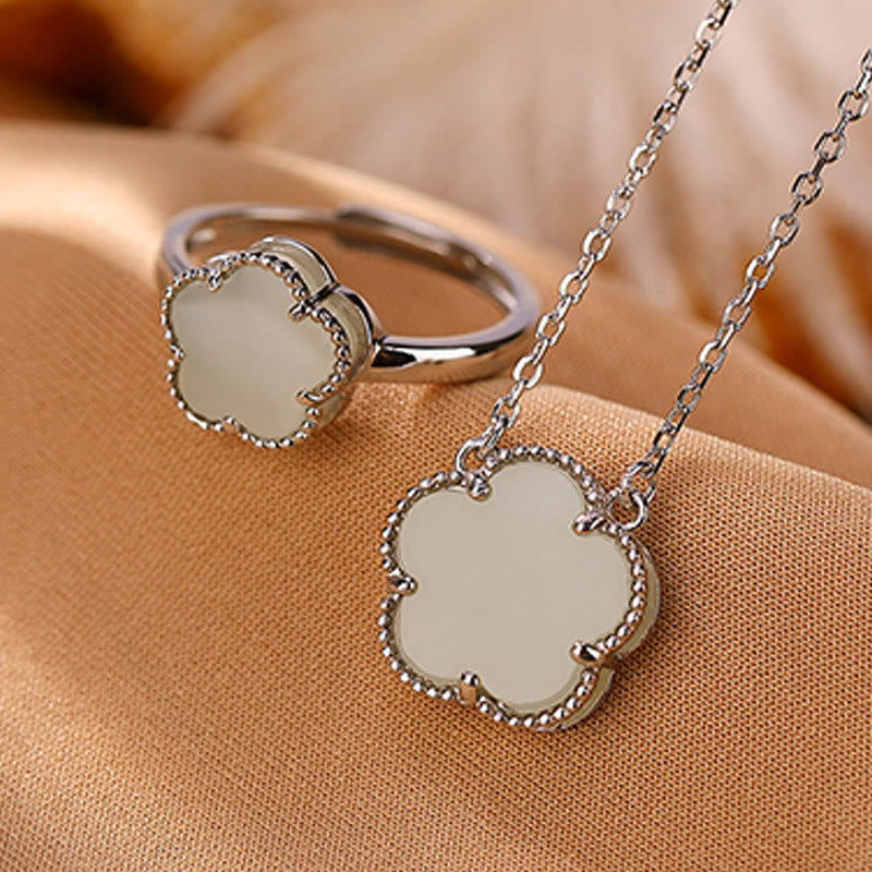 Buddha Stones 925 Sterling Silver Placcato Oro Naturale Hetian Giada Fiore Fortuna Collana Ciondolo Anello Set