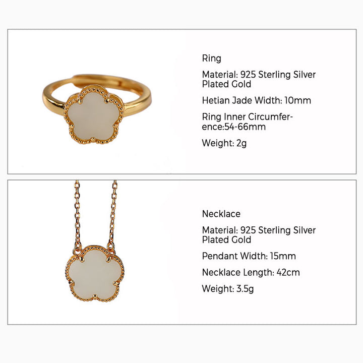 Buddha Stones 925 Sterling Silver Placcato Oro Naturale Hetian Giada Fiore Fortuna Collana Ciondolo Anello Set