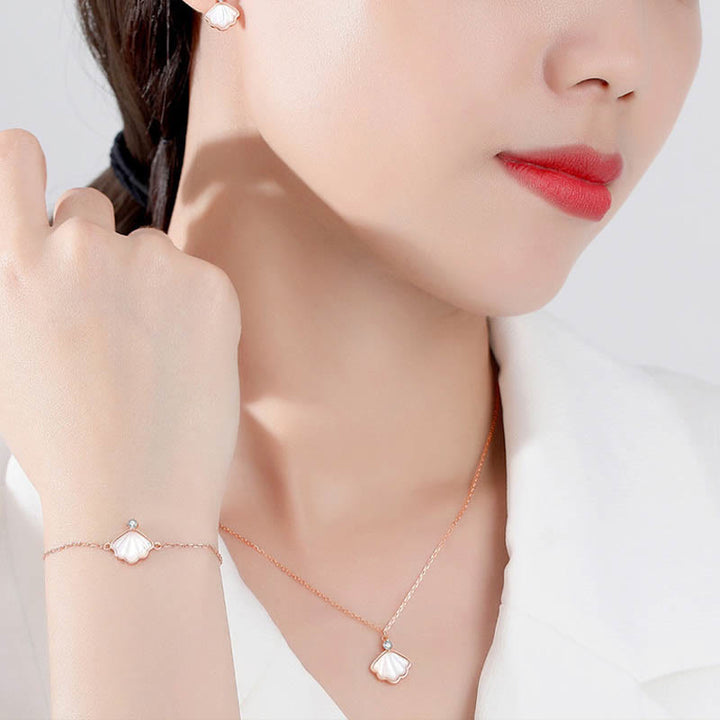 Buddha Stones 925 Sterling Silver Tridacna Pietra Conchiglia Benedizione Collana Ciondolo Bracciale Orecchini Gioielli Set - image 2