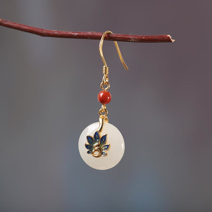 Buddha Stones 925 Sterling Silver Hetian naturale Giada bianca Pavone Benedizione Collana Ciondolo Anello Orecchini Set