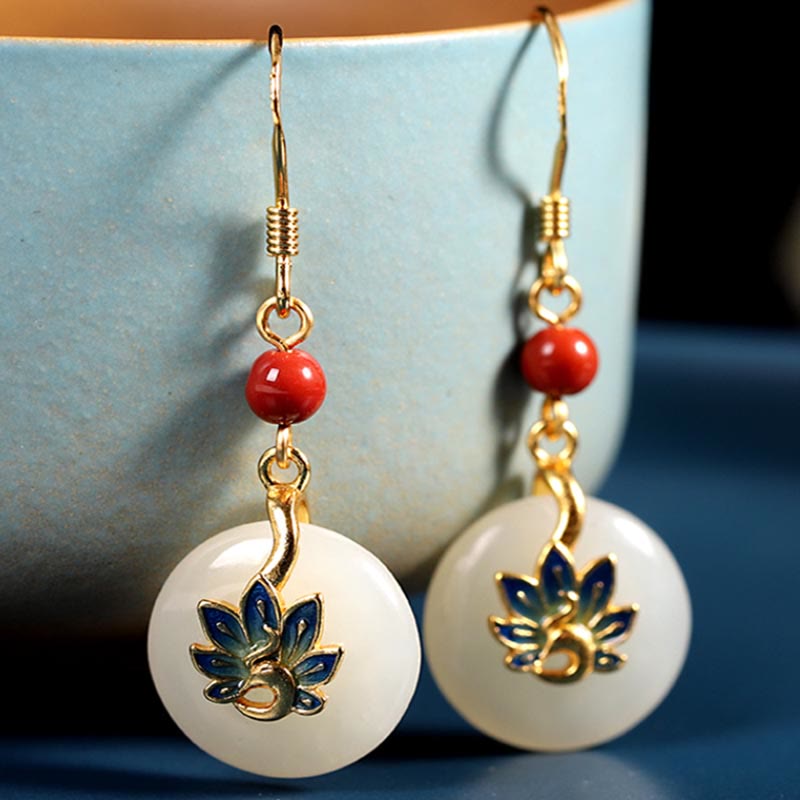 Buddha Stones 925 Sterling Silver Hetian naturale Giada bianca Pavone Benedizione Collana Ciondolo Anello Orecchini Set