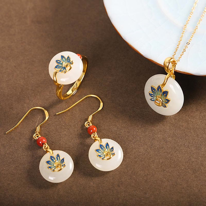 Buddha Stones 925 Sterling Silver Hetian naturale Giada bianca Pavone Benedizione Collana Ciondolo Anello Orecchini Set