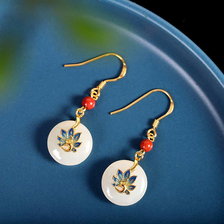 Buddha Stones 925 Sterling Silver Hetian naturale Giada bianca Pavone Benedizione Collana Ciondolo Anello Orecchini Set