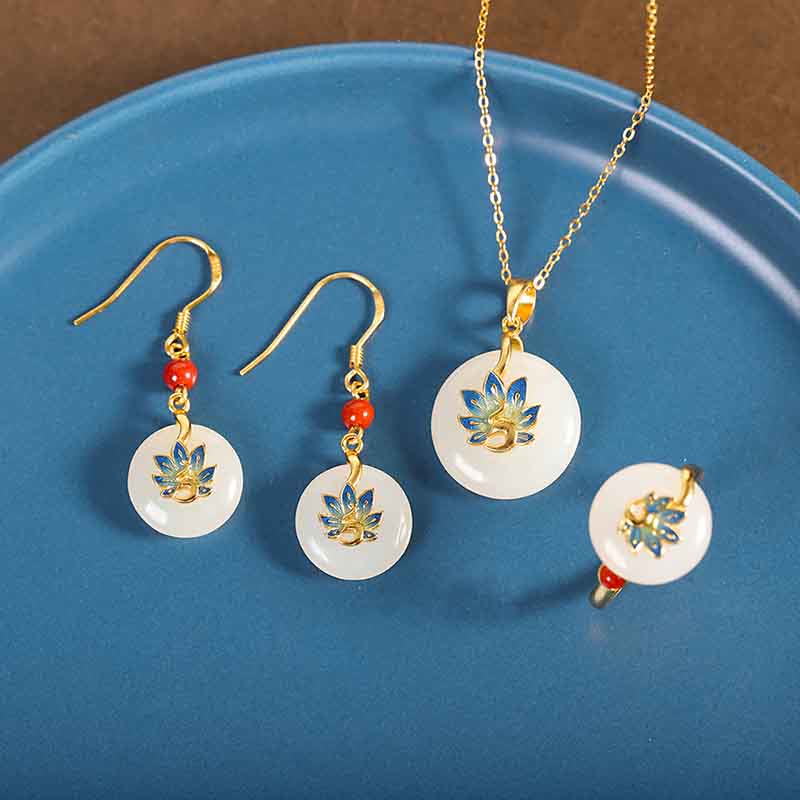 Buddha Stones 925 Sterling Silver Hetian naturale Giada bianca Pavone Benedizione Collana Ciondolo Anello Orecchini Set