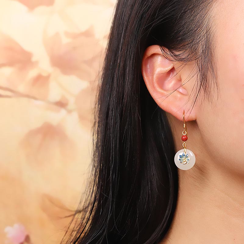 Buddha Stones 925 Sterling Silver Hetian naturale Giada bianca Pavone Benedizione Collana Ciondolo Anello Orecchini Set