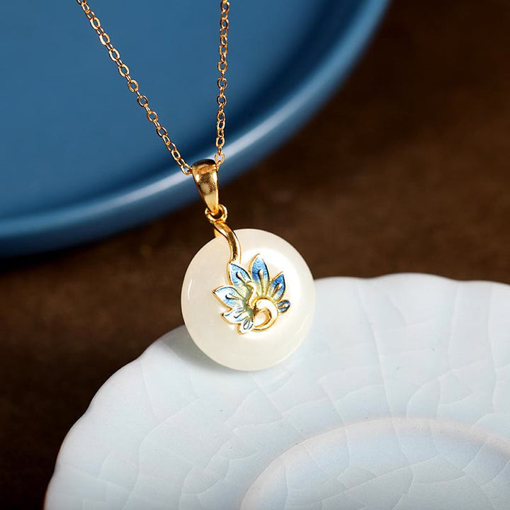 Buddha Stones 925 Sterling Silver Hetian naturale Giada bianca Pavone Benedizione Collana Ciondolo Anello Orecchini Set