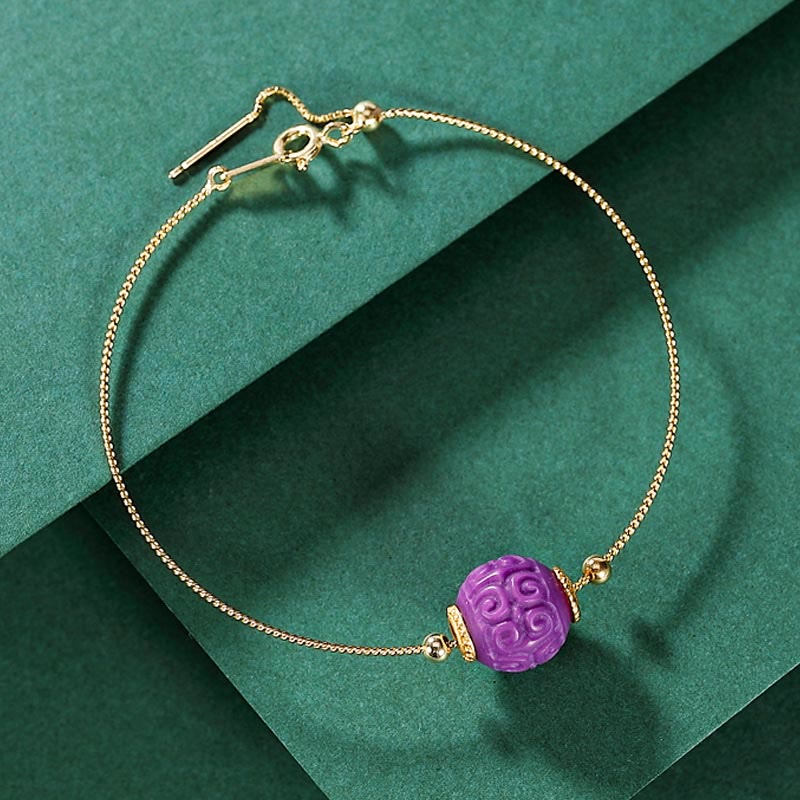 Buddha Stones 925 Sterling Silver Placcato Oro Naturale Viola Mica Pietra Rilievo Perlina Positivo Collana Ciondolo Bracciale Set