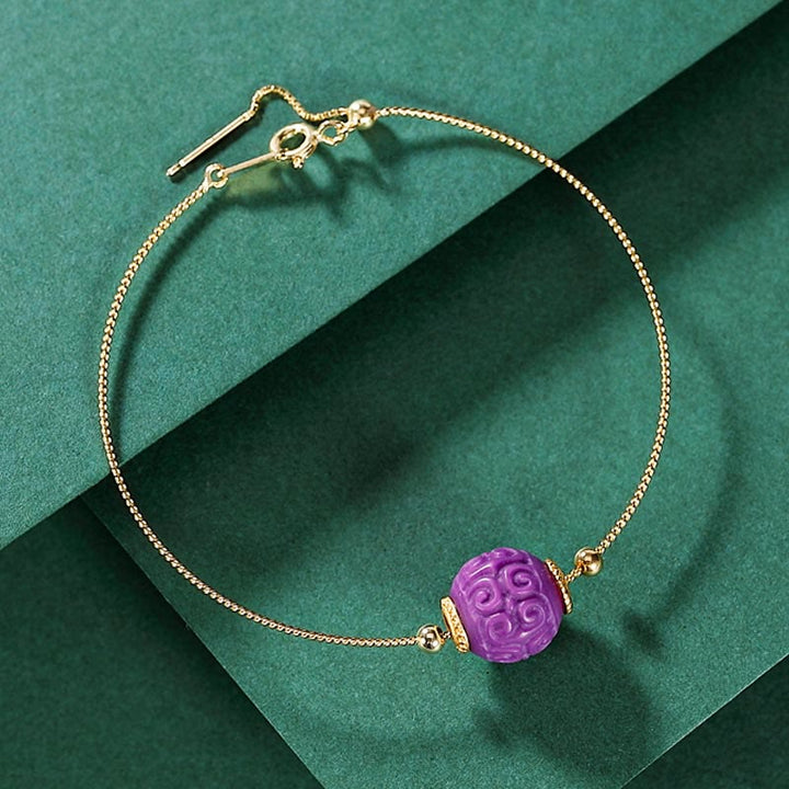 Buddha Stones 925 Sterling Silver Placcato Oro Naturale Viola Mica Pietra Rilievo Perlina Positivo Collana Ciondolo Bracciale Set
