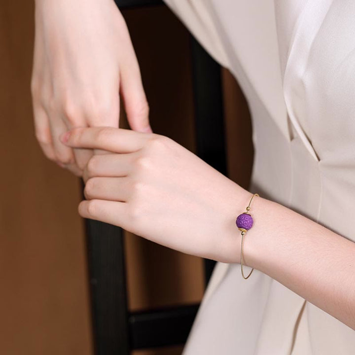 Buddha Stones 925 Sterling Silver Placcato Oro Naturale Viola Mica Pietra Rilievo Perlina Positivo Collana Ciondolo Bracciale Set