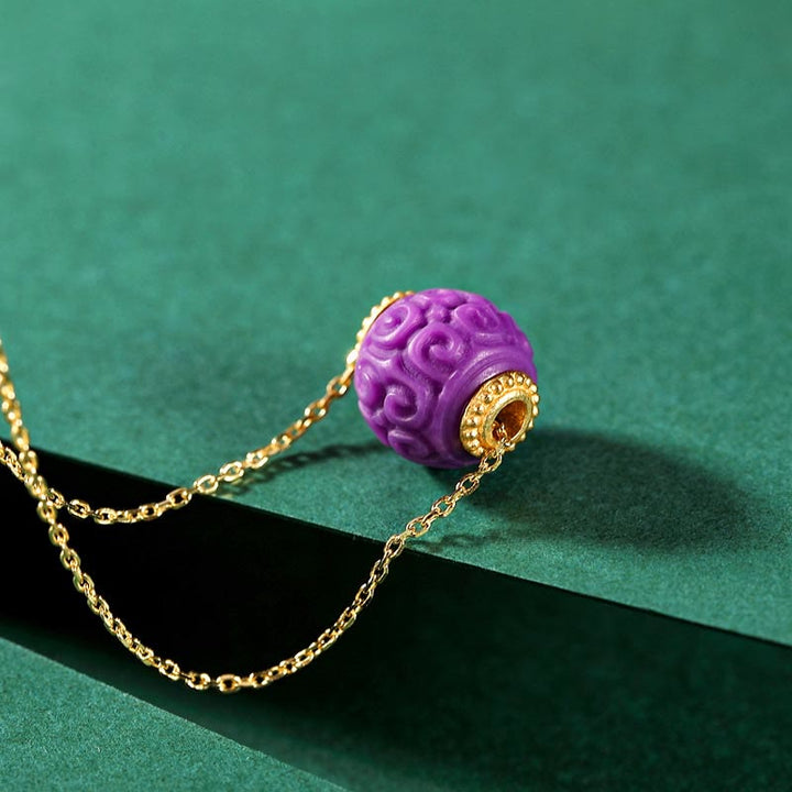 Buddha Stones 925 Sterling Silver Placcato Oro Naturale Viola Mica Pietra Rilievo Perlina Positivo Collana Ciondolo Bracciale Set