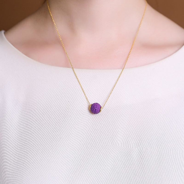 Buddha Stones 925 Sterling Silver Placcato Oro Naturale Viola Mica Pietra Rilievo Perlina Positivo Collana Ciondolo Bracciale Set