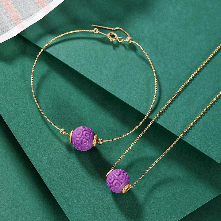 Buddha Stones 925 Sterling Silver Placcato Oro Naturale Viola Mica Pietra Rilievo Perlina Positivo Collana Ciondolo Bracciale Set