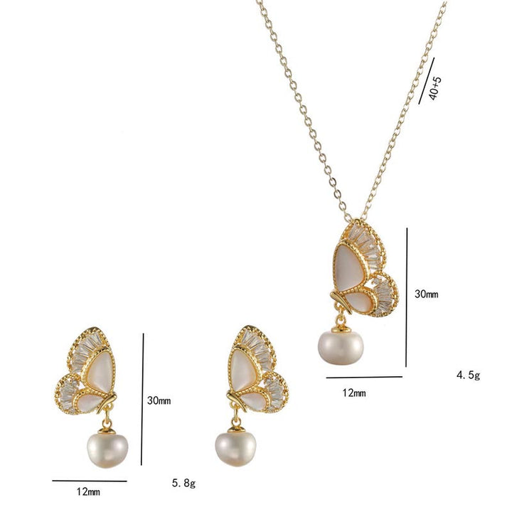 Buddha Stones Pietra Tridacna Perla Perlina Farfalla Collana Pendente Orecchini Set