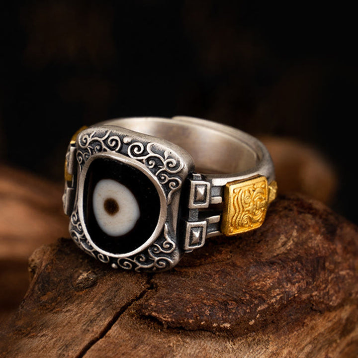 Anello di protezione con Buddha Stones Dzi in argento sterling 925 con design Zakiram della dea della ricchezza