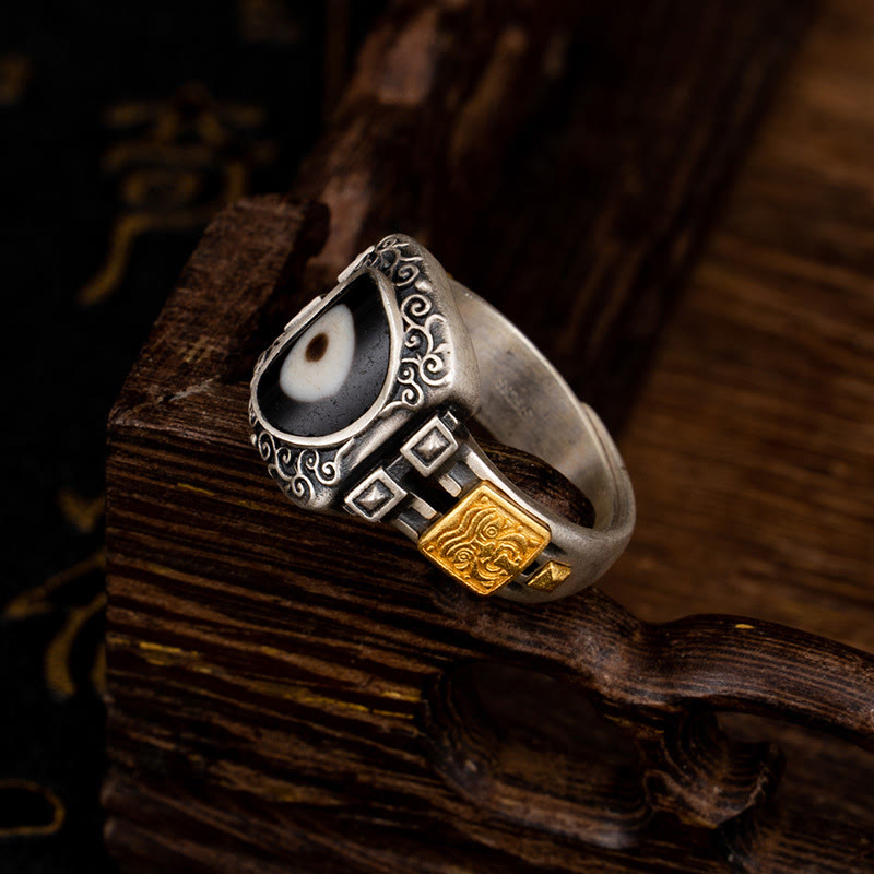 Anello di protezione con Buddha Stones Dzi in argento sterling 925 con design Zakiram della dea della ricchezza